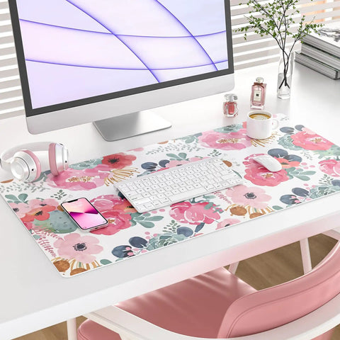 Large Pink Floral Desk Pad For Computer And Gaming Setup 31.5 Inch By 15.7 Inch Waterproof PU Leather Extended Mouse Mat with keyboard space.
