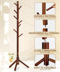 Wooden Coat Rack Freestanding With 8 Hooks And 3 Adjustable Heights Space Saving Clothes Organizer For Bedroom Office Or Entryway Sturdy 1.5 Inch Wood Frame With 53 Lb Load Capacity Holds Hats Coats Scarves Bags shown with assembly details and durable material