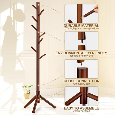 Wooden Coat Rack Freestanding With 8 Hooks And 3 Adjustable Heights Space Saving Clothes Organizer For Bedroom Office Or Entryway Sturdy 1.5 Inch Wood Frame With 53 Lb Load Capacity Holds Hats Coats Scarves Bags shown with assembly details and durable material
