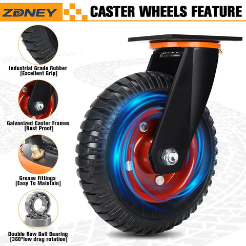 8x2 Inch Heavy Duty Casters Set Of 2 With Solid Rubber Wheels Knobby Tread 3600 Lbs Total Capacity 900 Lbs Per Caster