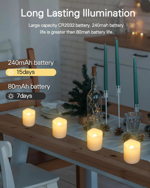 Flameless Votive Candles 12 Pack Battery Operated LED Tea Lights With Warm White Flicker on dinner table centerpiece