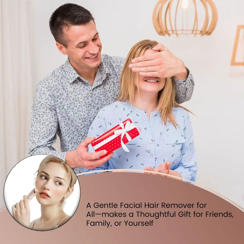 Man surprises woman with a gift, inset shows Go-To Facial Hair Remover For Women With Built-In Light And Stainless Steel Blade