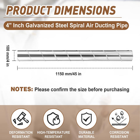 Two Pack 4 Inch Round Spiral Air Ducts, 45 Inch Long Threaded Metal Ducts, shown with dimensions and material benefits