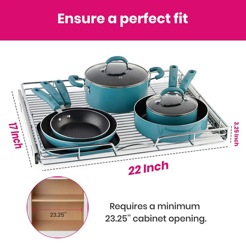 Heavy Duty Pull Out Cabinet Organizer With Smooth Sliding Drawers In Chrome Finish For Easy Access To Spices Pots And Bakeware Fits 23.25 Inch Cabinets And A 22 By 17 Inch Basket No Brainer Install with pots and pans on wire rack