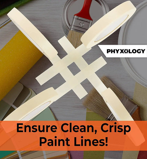 Pro Grade 3/4 Inch Masking Tape, 60 Yard Rolls, 12 Pack crossed on a table with painting supplies and brushes.