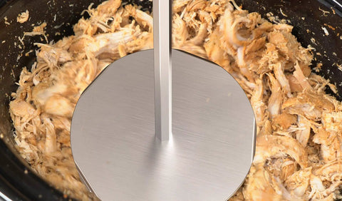 Hella Sharp Stainless Steel Meat Fork Pork Puller Tool With Upgraded Ultra Tough Tines for shredding pulled chicken in a slow cooker.