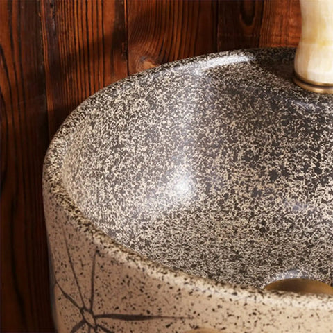 Slick Handmade Vessel Sink For Bathroom With Faucet And Drain Hole Indoor Outdoor Use Overflow Protection in ceramic, showing top view.