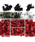 Ride Ready Motorcycle Bolt Kit With Washers Nuts Screws And Clips In Red Finish For Easy Bike Builds And Repairs Durable Fasteners Set For Motorbike Customization And Quick Replacements. red motorcycle bolt kit with black clips, green nuts, and silver washers