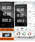 Variable Lab DC Power Supply 32V 10A Regulated Switching Bench Power Source With 4 Digit LED Display showing voltage and current settings.