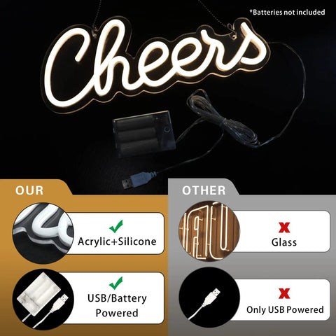 Cheers Neon Sign For Home Bar Wall Decor Battery Or USB Powered Bright Warm White Light Lit For Parties And Bachelorette