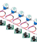 Five 28BYJ-48 geared stepper motors with ULN2003 driver boards, blue housings, and multicolored cables