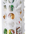 Vertical white plastic large capacity bag dispenser organizer for groceries and laundry bags with easy access holes, keeping bags neatly stacked.