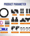 1/4 Inch OD Air Line Kit With Push To Connect Fittings For Air Compressors, 32.8Ft Black PU Tubing, cutter, Teflon tape, and fittings