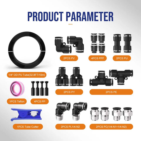 1/4 Inch OD Air Line Kit With Push To Connect Fittings For Air Compressors, 32.8Ft Black PU Tubing, cutter, Teflon tape, and fittings