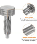 Hella Durable 2 Pack M8 Stainless Steel Spring Plunger With Knurled Grip Handles Non Locking Retractable Index Pin close-up, showing knurled handle.