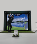 Golfer using All In One Indoor Golf Studio Simulator Rig With 12 Foot Enclosure, Impact Screen, Launch Monitor, Premium Turf, Floor Projector Package