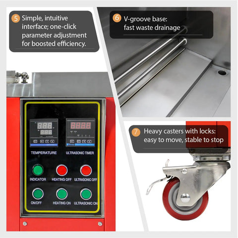 Control panel of Prograde 32 Gallon Industrial Ultrasonic Cleaner With Digital Heater Timer That Blasts Off Grease And Grime On Auto Parts And Shop Tools Built Tough For Daily Hustle.