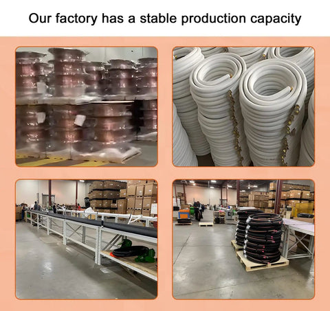 Factory production showing Pro Grade 25 Ft Insulated Line Set Kit For Mini Split AC with copper piping and fittings.