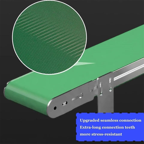 Small Desktop Conveyor Belt With Adjustable Speed 1350 To 3000 RPM Built To Last Heavy Duty Industrial Drive Belt For Packaging Lines Food Beverage Pharma Electronics Chemicals Stainless Steel Construction 600mm By 90mm green belt with stainless steel frame and seamless connection