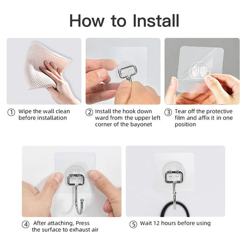 Heavy Duty Self Adhesive Wall Hooks 10 Pack Holds Up To 44 Pounds Stainless Steel No Drill Setup Clear Hanger Strips Knockout Grip For Kitchens Bathrooms And Home Storage