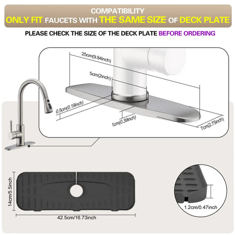 Diagram showing size compatibility for Silicone Faucet Mat Drip Catcher For Kitchen Faucets Tailor Made For 1cm Deck Plate Light Grey Durable Reusable Silicone Drip Tray Keeps Counters Dry And Protects Utensils From Water Splash.