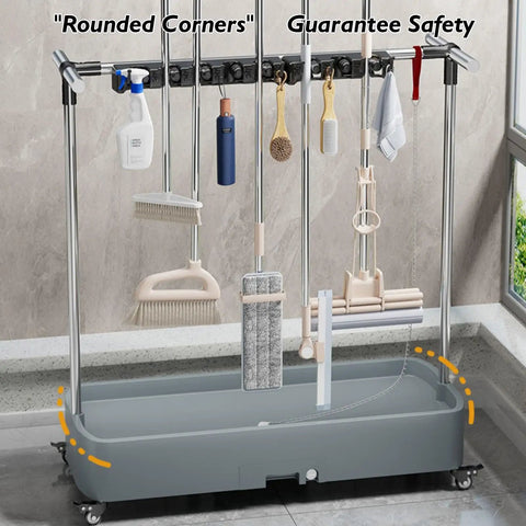Stainless Steel Broom And Mop Rack With Double Row Hooks And Slots Mobile Cleaning Tool Cart For Long Handled Tools Rakes And Brooms Heavy Duty Home Garage Organizer