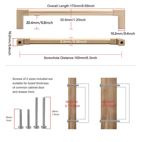 Diagram of 10 Pack Classic Solid Cabinet Handles Set 6.3 Inch Screw Spacing in Champagne Bronze with included screws and dimensions shown.