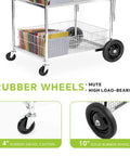 Solid Chrome Plated Rolling Mail Cart With Heavy Duty Smooth Gliding Wheels For Office Document Sorting showing rubber wheels.