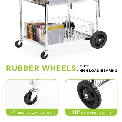 Solid Chrome Plated Rolling Mail Cart With Heavy Duty Smooth Gliding Wheels For Office Document Sorting showing rubber wheels.