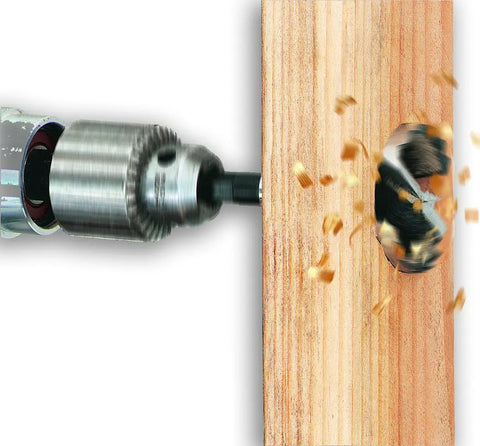 16 Piece Forstner Bit Set With High Carbon Steel Bits in use, drilling clean pocket hole in wood with two cutter design.