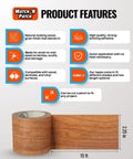 Wood Grain Repair Tape Wheat Maple 2.25 In X 15 Ft Realistic Wood Finish Duct Tape with product features infographic.