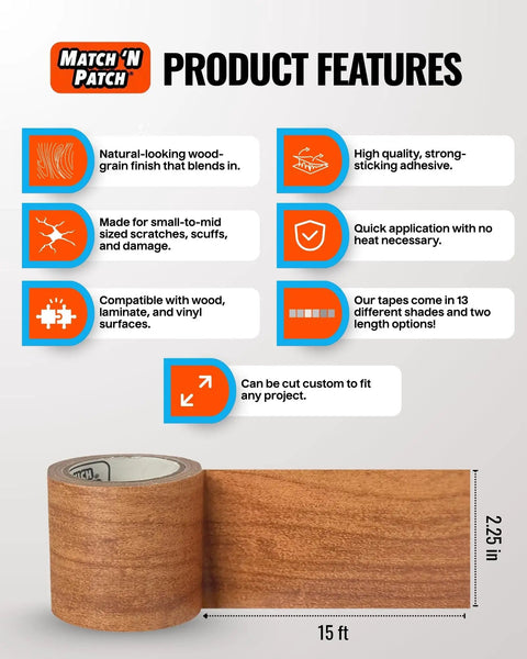 Wood Grain Repair Tape Wheat Maple 2.25 In X 15 Ft Realistic Wood Finish Duct Tape with product features infographic.