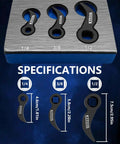Specifications of Three Piece Pro Grade Pry Bar Wrench Adapter Head Set for Car Repair, showing adapter sizes and dimensions.