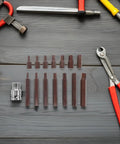 Totally Nailed It 15 Pc Socket Set For Car Repair H4-H12 With Adapter Alloy Hex Bits Perfect Sturdy Organized Garage Kit For Mechanics And Auto Tire Fixing Jobs, adapter and bits arranged on table