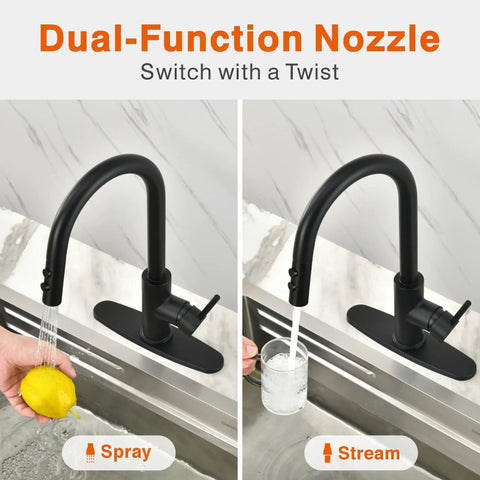 Matte Black Pull-Down Kitchen Faucet With Dual Function Spray Head For Sink And Bar Use, Easy Switch, Spray and Stream Modes