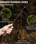 Triangle Hand Hoe For Weeding And Cultivating, Heavy Duty Stainless Steel Weed Puller With Walnut Handle in hand