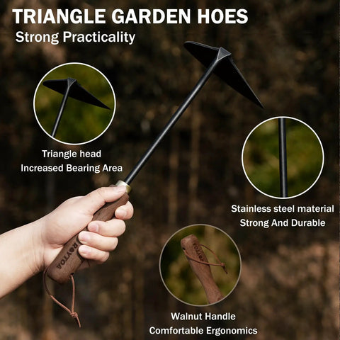 Triangle Hand Hoe For Weeding And Cultivating, Heavy Duty Stainless Steel Weed Puller With Walnut Handle in hand