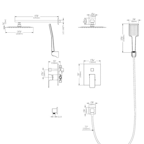 9 Inch Rain Shower Head With Handheld System Dual Shower Combo technical diagram with dimensions and components