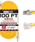 100 Foot Outdoor Extension Cord Heavy Duty 12 3 SJTW Yellow 3 Prong 15 Amp Cable for Garden and Lawn Care, shown coiled