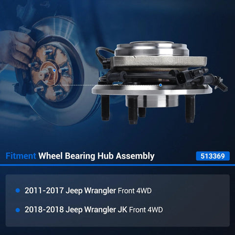 Side view of front wheel bearing and hub assembly for Jeep Wrangler 2011 2017 and 2018 4WD with five lugs ABS 6.36-inch flange.