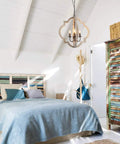 Bedroom with Rustic Wood Orb Pendant Light 4 Light Candle Chandelier With Adjustable Chain Bringing Cozy Farmhouse Vibe