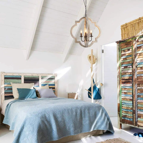 Bedroom with Rustic Wood Orb Pendant Light 4 Light Candle Chandelier With Adjustable Chain Bringing Cozy Farmhouse Vibe