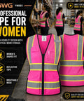 Snug Fit Reflective Safety Vest For Women With Utility Pockets Adjustable Elastic Waist Bright Pink High Vis Construction Gear, front and back views with reflective tape.