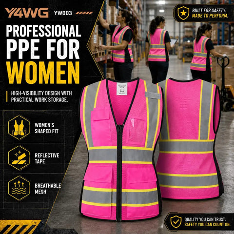 Snug Fit Reflective Safety Vest For Women With Utility Pockets Adjustable Elastic Waist Bright Pink High Vis Construction Gear, front and back views with reflective tape.