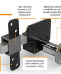 Long Throw Gate Lock For Sheds And Fences With Euro Profile Keyed Both Sides in black, 316 stainless steel, shown with design features.