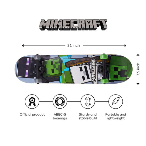 Top view of Minecraft Mob 31 Inch Skateboard With 9-Ply Maple Deck For Cruising, Carving, Tricks And Downhill, showcasing design and size.