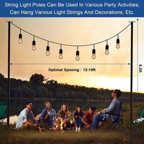 Sturdy Metal String Light Poles 2 Pack For Outdoor Use Beefy Weatherproof And Built To Last With Rust Resistant Coating displayed outdoors
