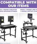 Adjustable Keyboard Stand For 49 54 61 88 Key Pianos And Synths Rolling Studio Desk showing keyboard setup