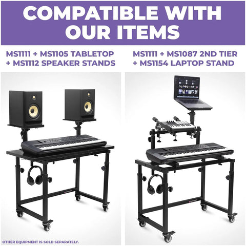 Adjustable Keyboard Stand For 49 54 61 88 Key Pianos And Synths Rolling Studio Desk showing keyboard setup