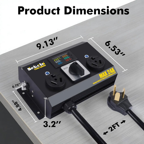No Sweat Manual EV Charging Switch dimensions measurement image showing 9.13" x 6.53" x 4.8" rugged aluminum housing.